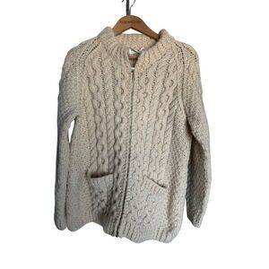 Andion Irish Unisex Full Zip Ivory Cardigan All Over Fisherman Ivory Wool Pocket